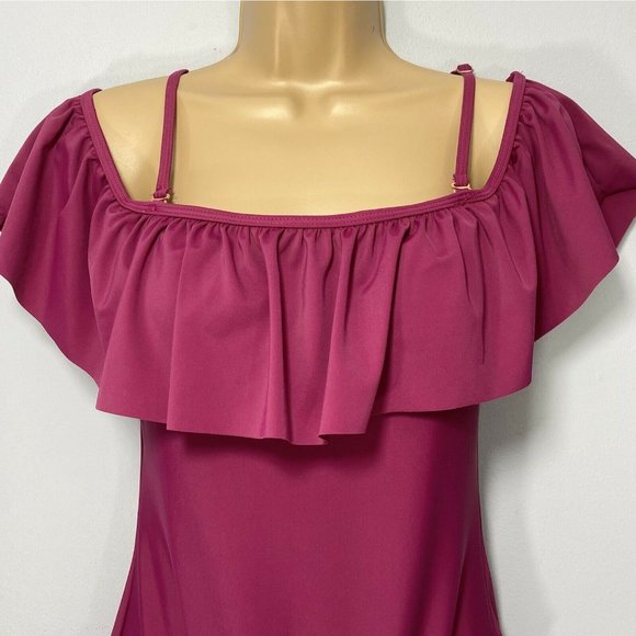 Funny Girl Flounce Ruffle Cold Shoulder Swimsuit Womens Size M Wine Burgundy - Picture 3 of 6
